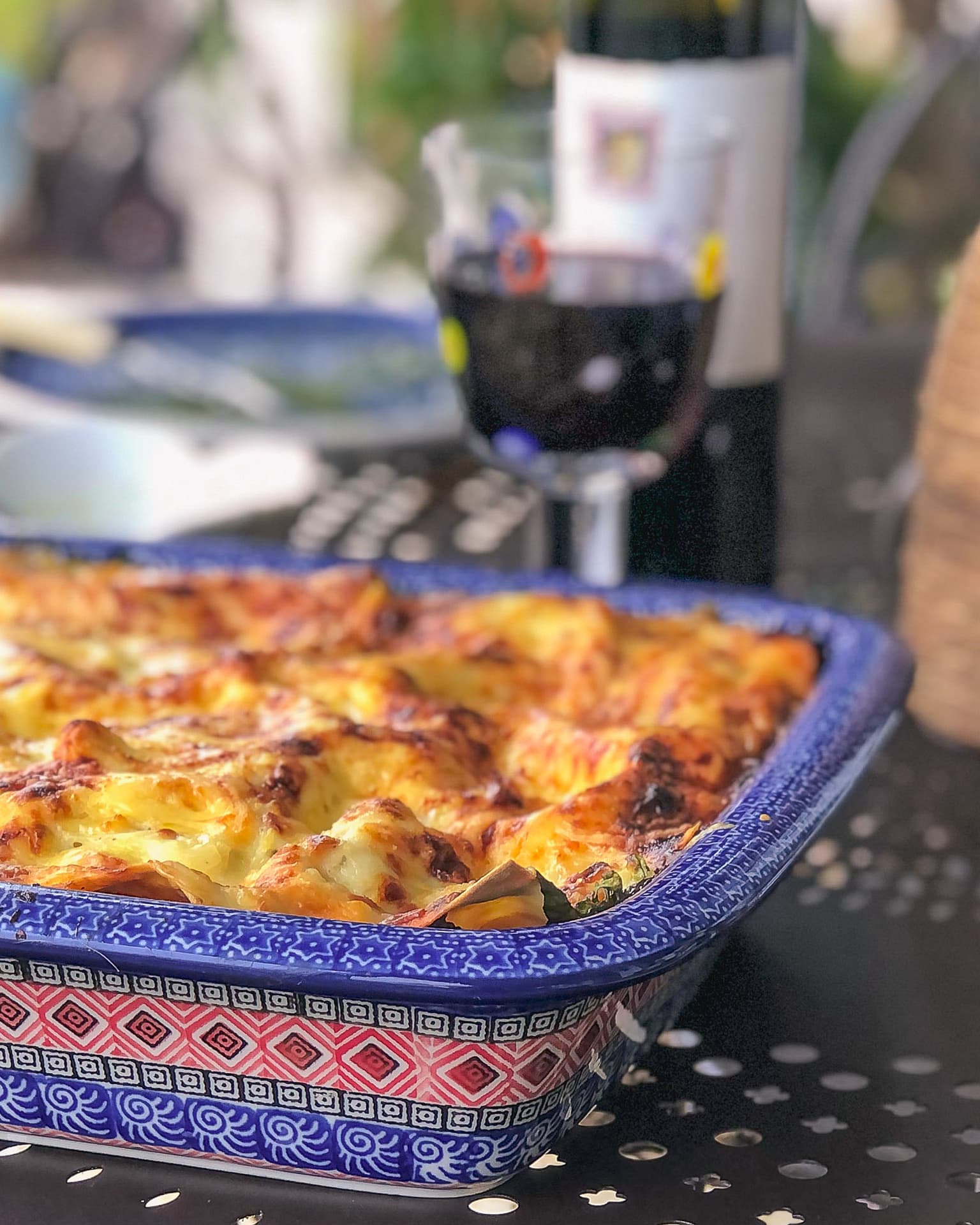 Pretty baking dish with beautifully browned lasagne alle verdure