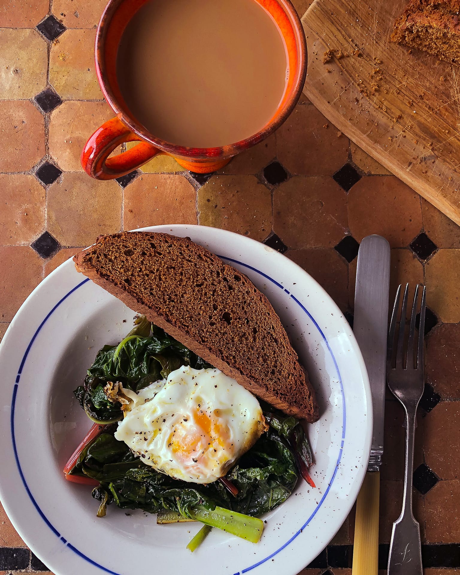 Braised rainbow swiss chard, eggs and soda bread