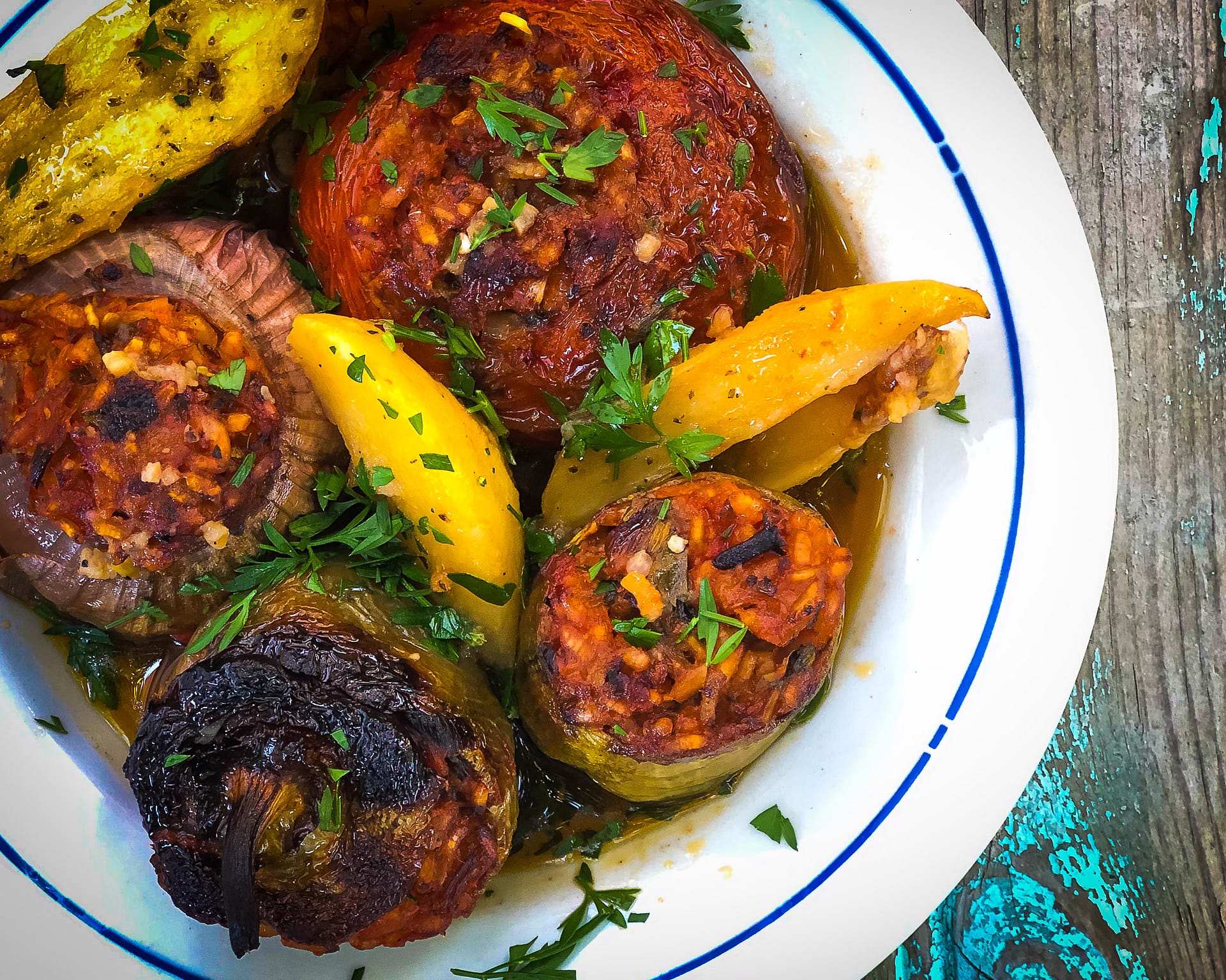 Greek Stuffed Vegetables in a lovely white bowl