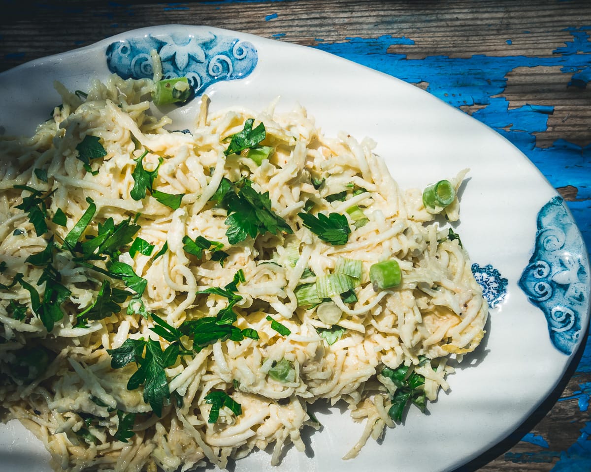 Celeriac Remoulade on a ceramic plate