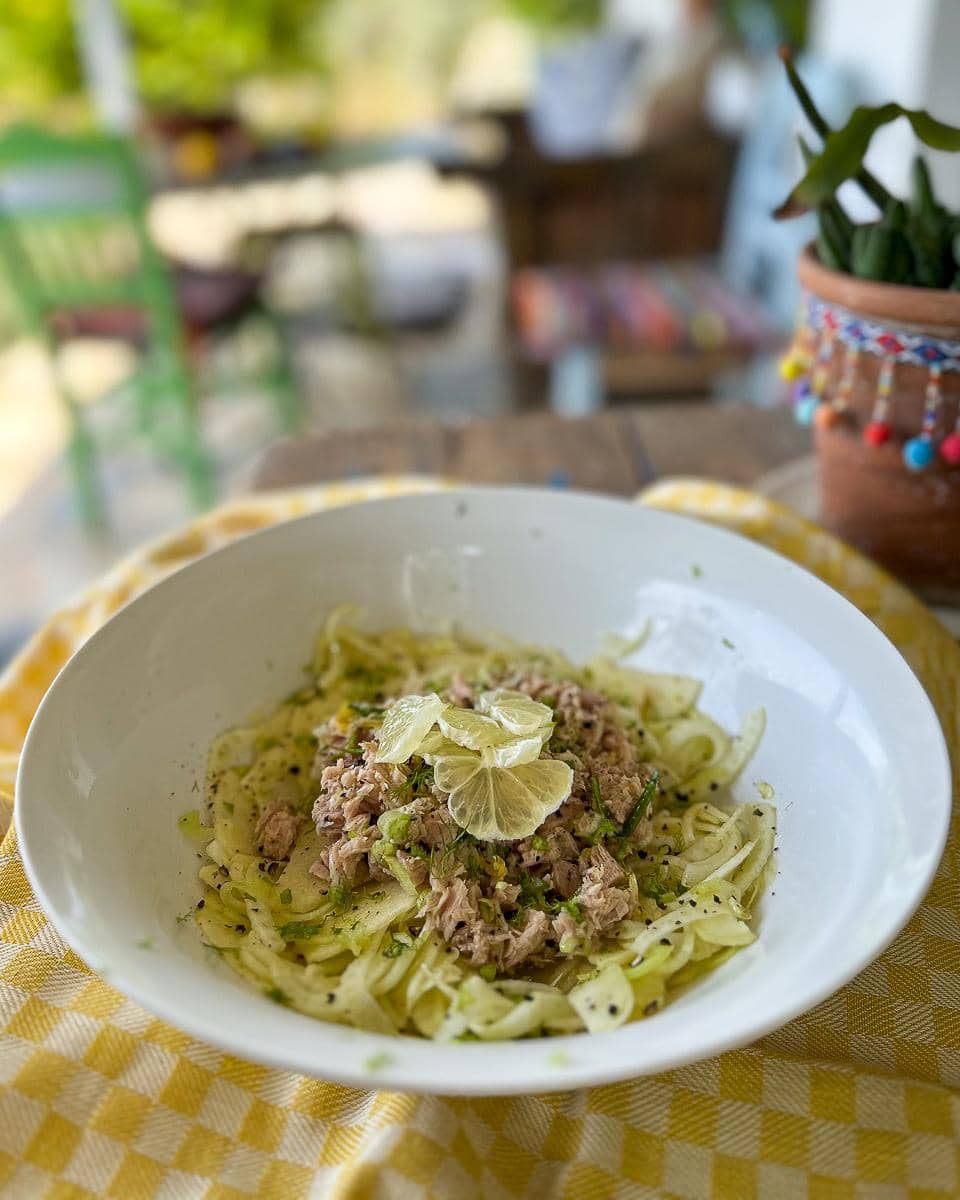 Tuna salad; a bed of new seasons' fennel finely sliced with apple and topped with tuna and spring onions.