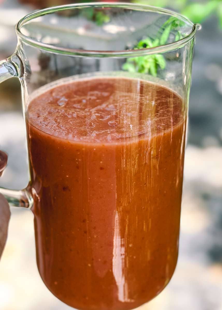 Glass jug of traditional gazpacho - ready to serve