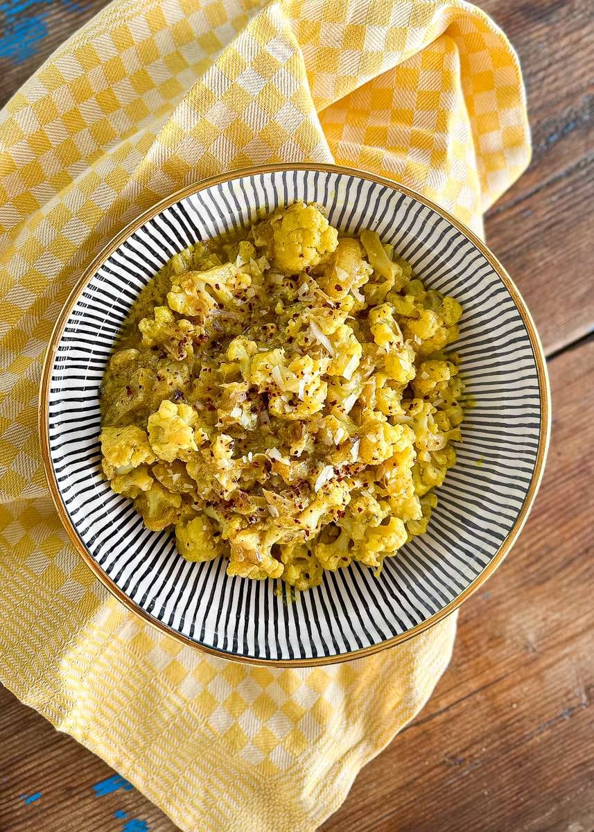 Lemony Greek cauliflower made with avgolemono sauce.