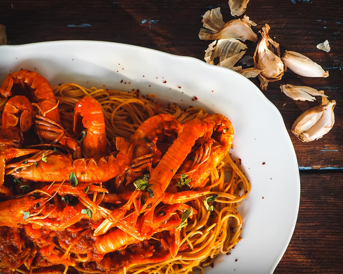 Crayfish Spaghetti in a serving bowl for multiple diners
