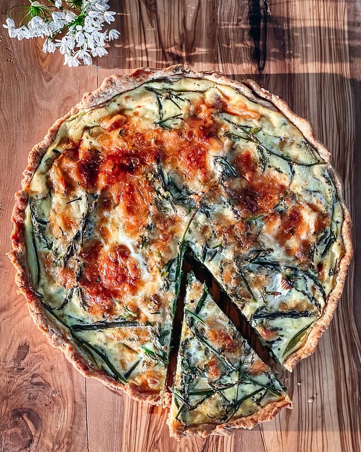 Wild Asparagus, Feta and Thyme Quiche ready to be served for lunch.