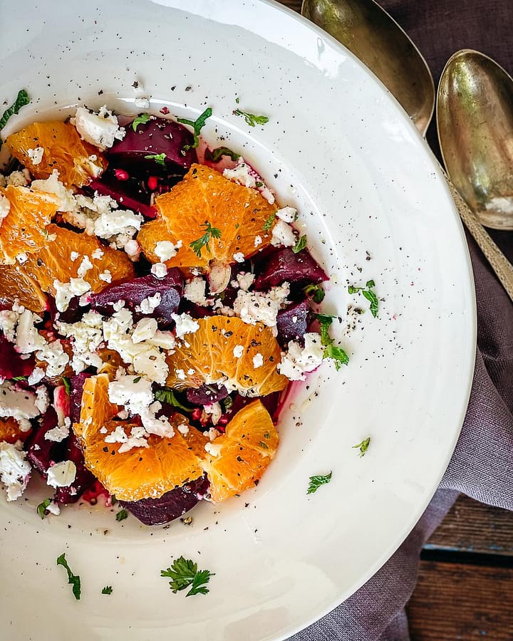 Colourful beetroot, feta and orange salad with a coriander and mint dressing.
