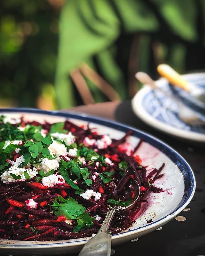 Ready for lunch outside, grated raw beetroot, orange and feta salad.