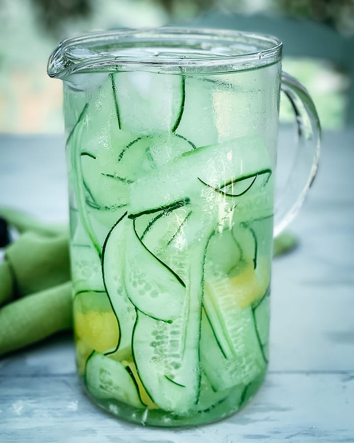 Icy jug of cucumber water.