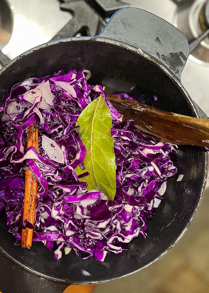 Heavy based cooking pot with braising red cabbage.