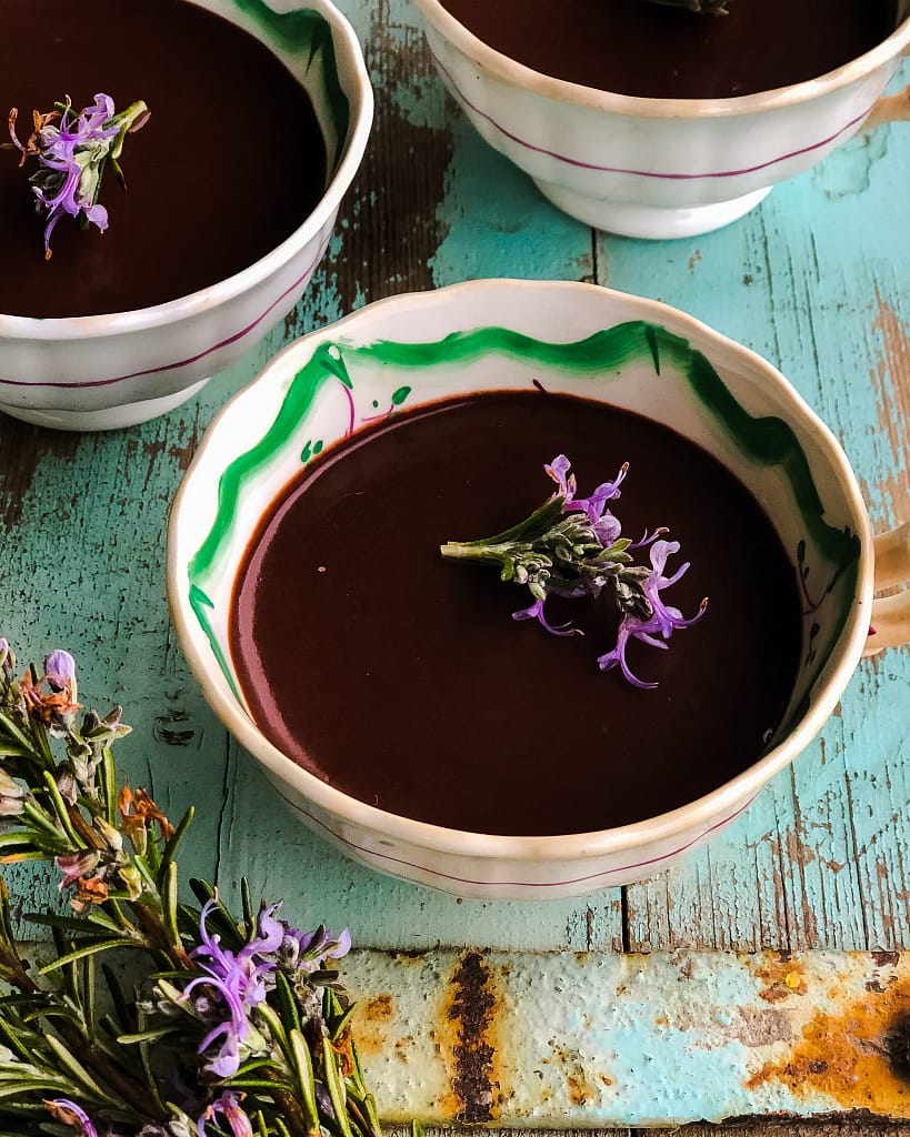 Dark Chocolate Pots with a sprig of rosemary