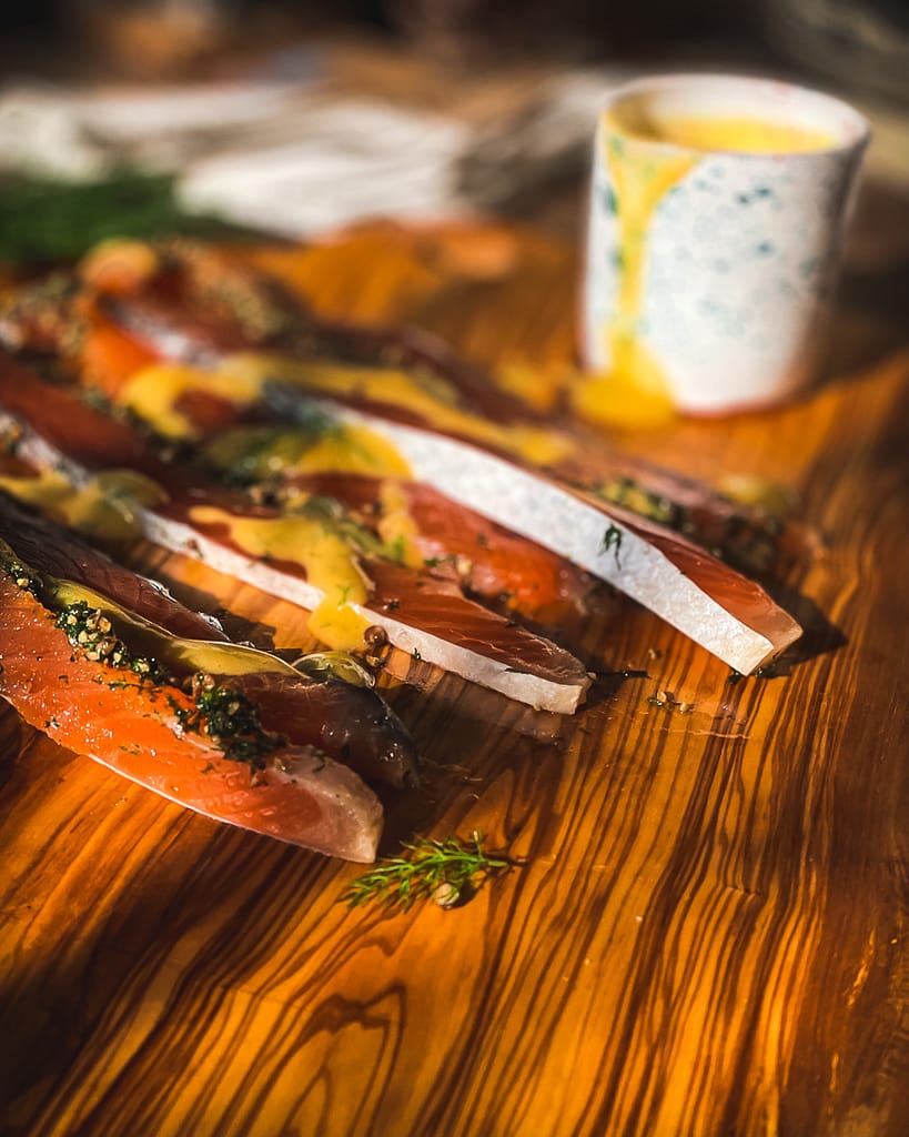 Gravlax - Salmon Marinated in Dill with Mustard and Dill Sauce is vibrant, fresh and colourful.
