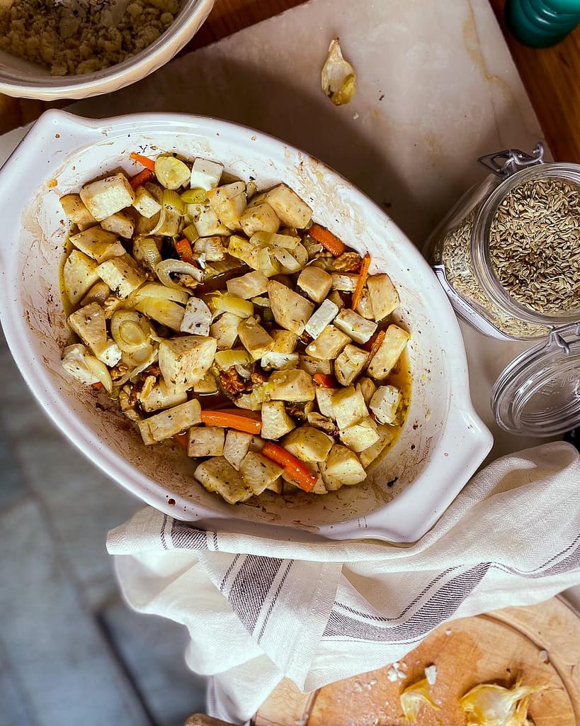Roasted fennel, celeriac and carrots - ready for a crumble topping