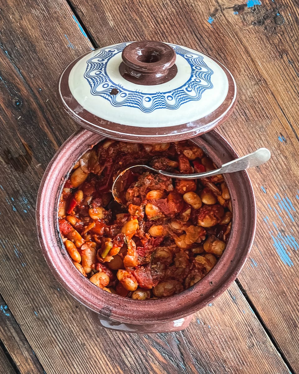 Greek Giant Beans in a traditional Greek clay cooking pot