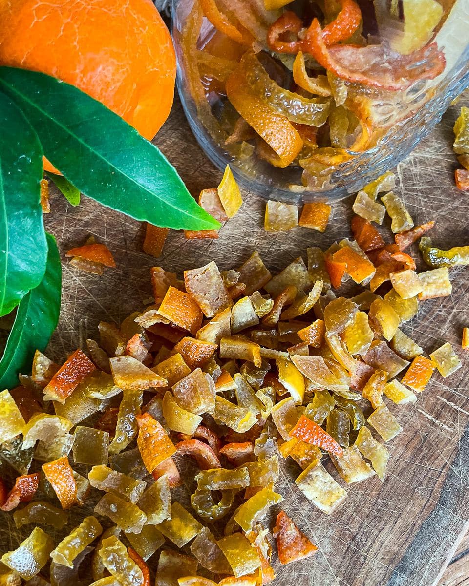 Homemade mixed candied peel chopped and ready for use.